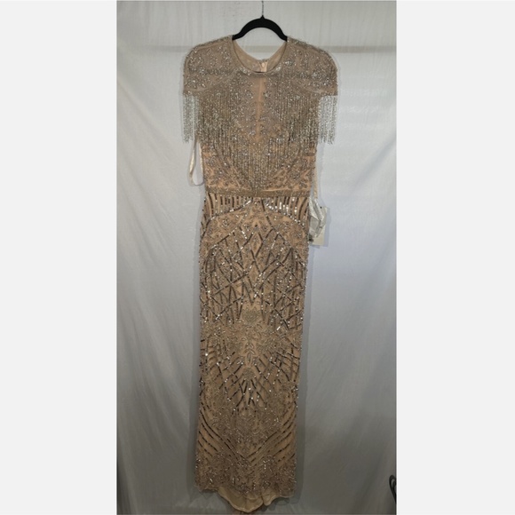 NWT $598 MAC DUGGAL [ 10 ] Embellished Fringe‎ Cap Sleeve Gown Platinum Pink - Picture 9 of 16